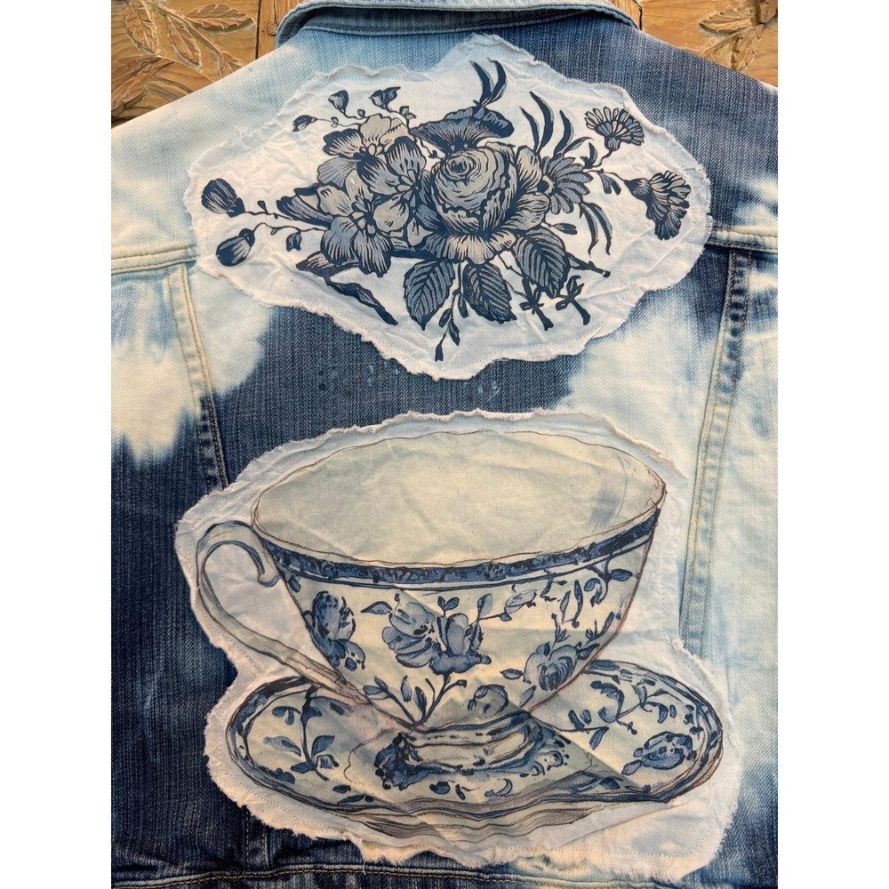 Distressed/Upcycled Denim Jacket| Vintage Teacup Patchwork| Soft Grunge| Medium - Picture 2 of 6